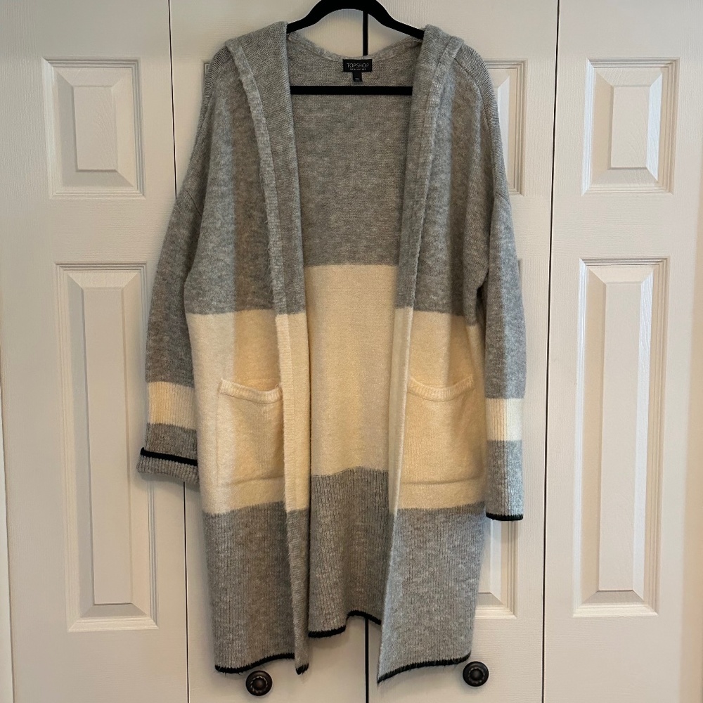 Topshop Gray Ivory Colorblock Open Front Hooded Knit Cardigan Sweater Size 4